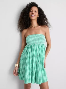 Bawełniana mini sukienka bandeau w kratkę