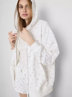 Bluza z kapturem z zamkiem błyskawicznym, z nadrukiem kwiatowym, z przewagą bawełny