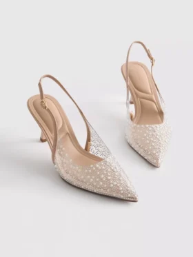 Buty na obcasie z paskiem z tyłu „Diamanta” z imitacją pereł