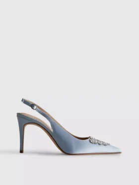 Buty na obcasie z satyny z diamentami i spiczastym czubkiem