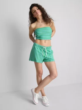 Krótki top bandeau w paski z przewagą bawełny
