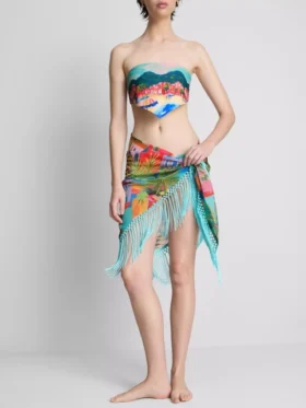 Sarong z frędzlami w tropikalny wzór