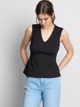 Top bez rękawów z peplum i dekoltem w serek