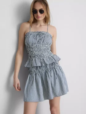 Top na ramiączkach z marszczonym peplum w kratkę