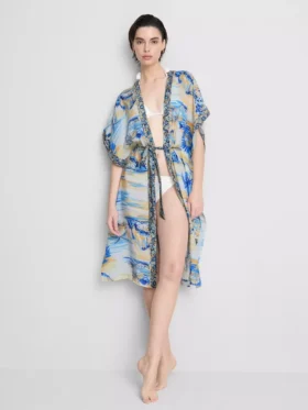 Wzorzysta plażowa narzutka midi w stylu kopertowym